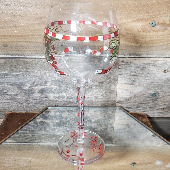 Handpainted Burgundy Wine Glass - Ribbon & Holly - Picture 4 of 6